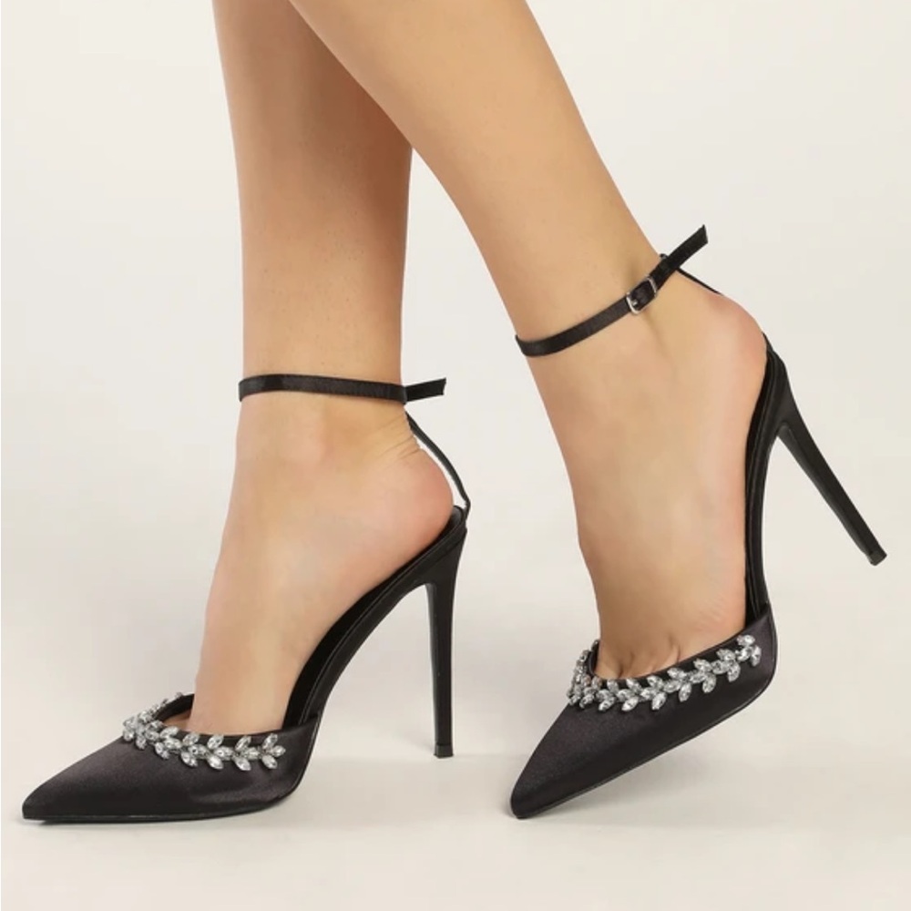 Gluray Black Satin Rhinestone Pointed-Toe Pumps with 4.5 inch heel